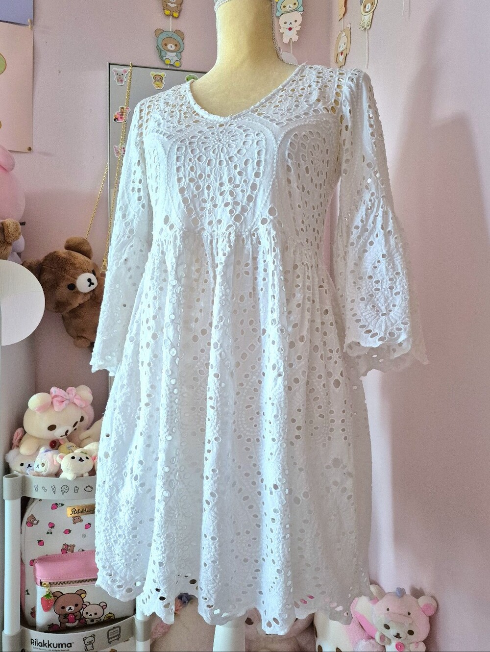 Express White Eyelet Lace Mini Dress with Bell Sleeves